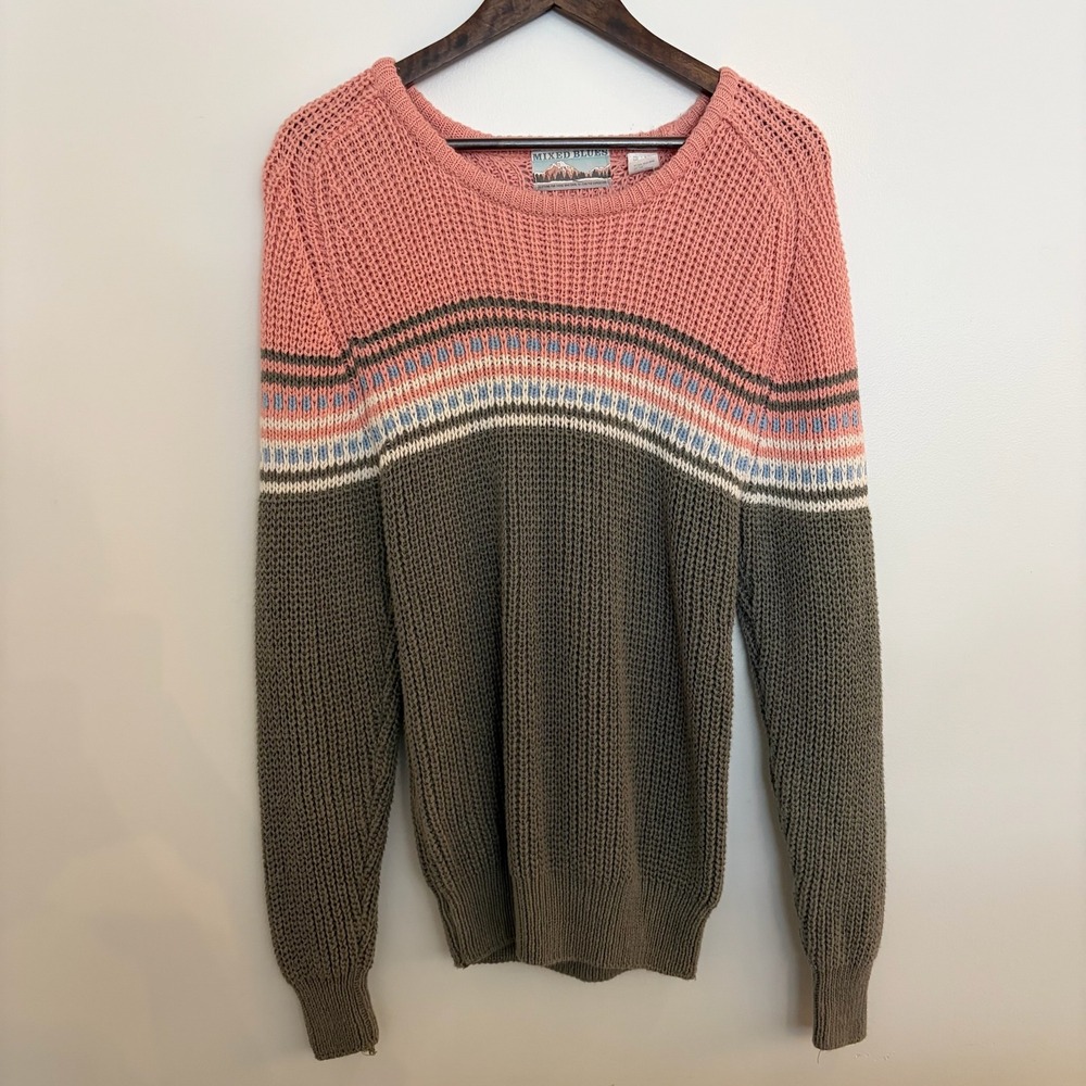 Mixed Blues Vintage Colorblock Fair Isle Knit Sweater Pink Olive Green Women M